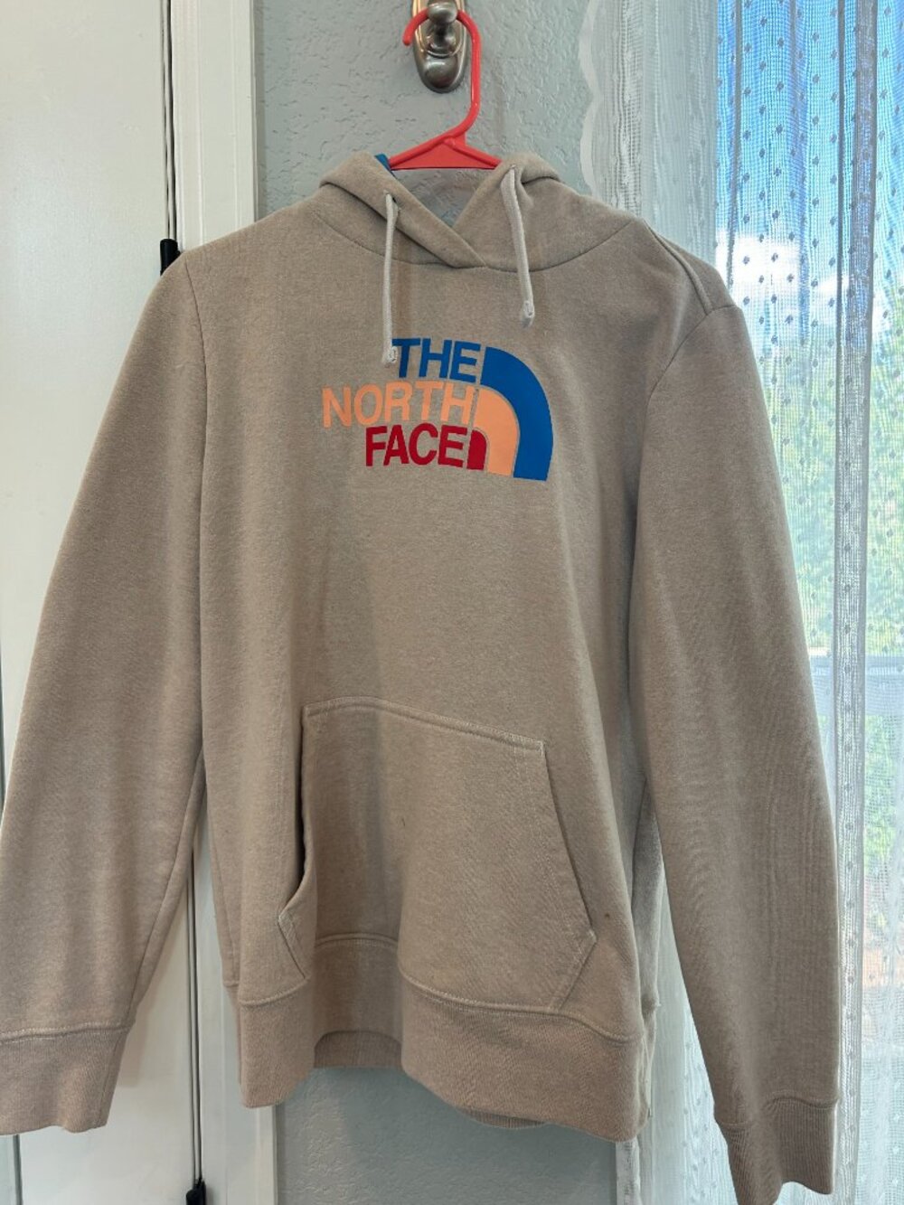 The North Face Heather Oatmeal Logo Hoodie Pullover Sweatshirt Womens Size L